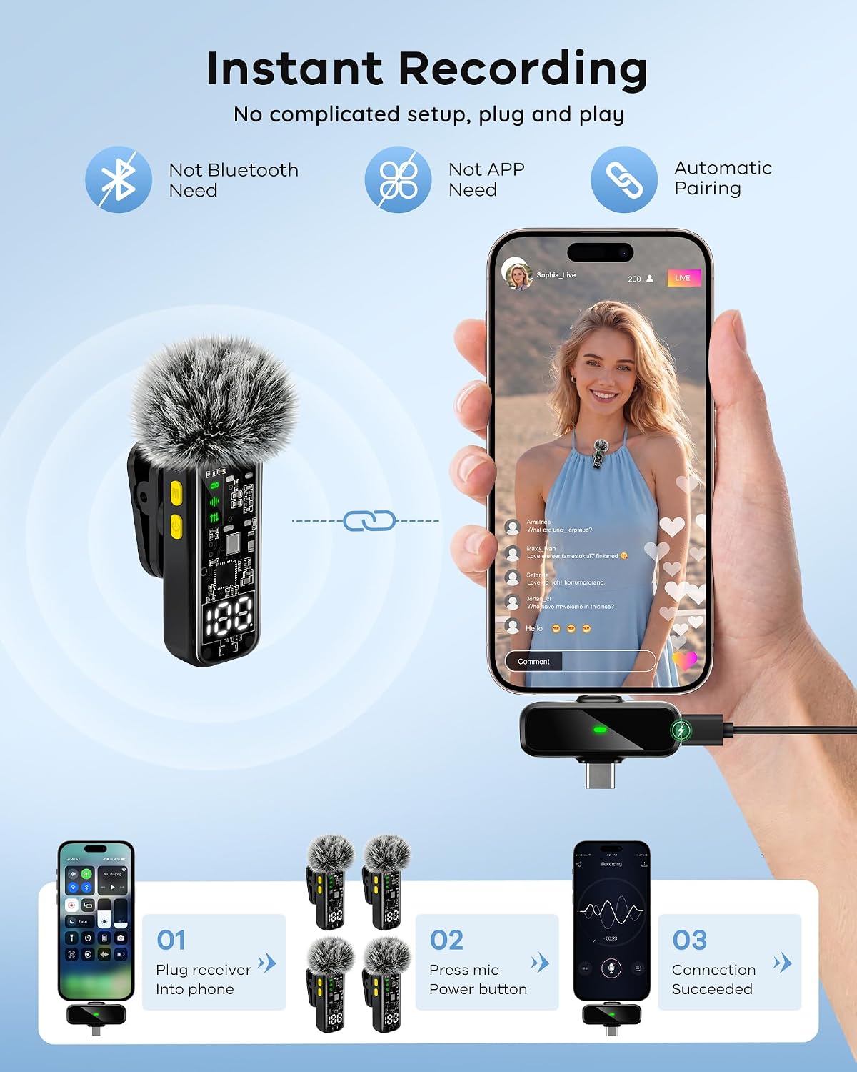 4 Pack Wireless Mini Microphones for iPhone, Android & iPad, Lavalier Mic with Noise Reduction & LED Digital Display, Magnetic Mini Mic for Video Recording Vlogging YouTube Podcast Interview