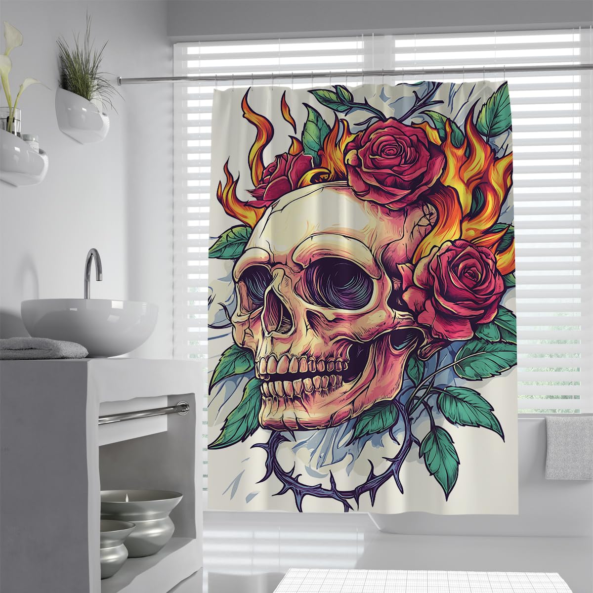 Gothic Skull Duschvorhang Red Rose Thorns White Badezimmer Deko 200x220cm