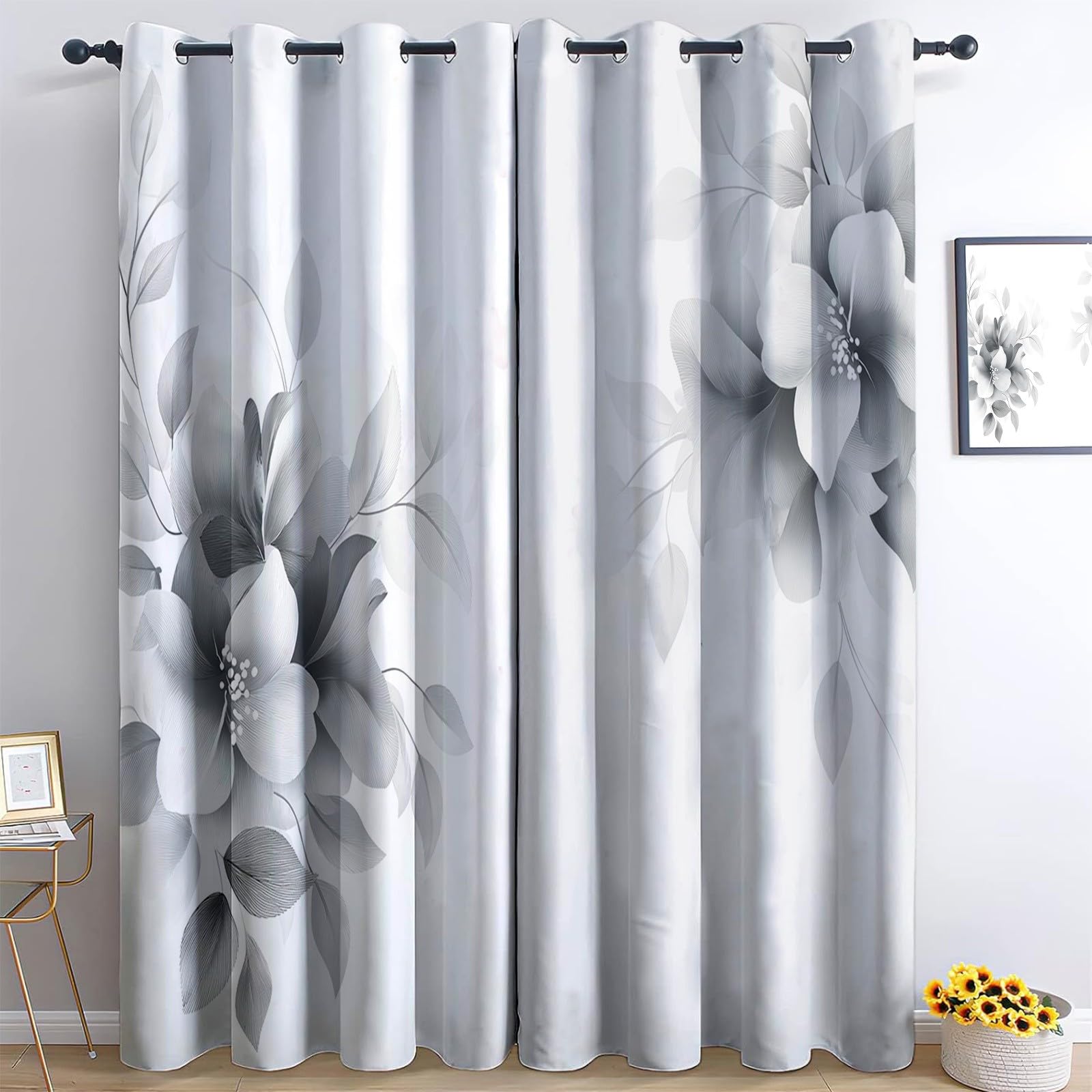 Rideaux Occultants Motif Floral Gris Blanc 140x245cm pour Salon
