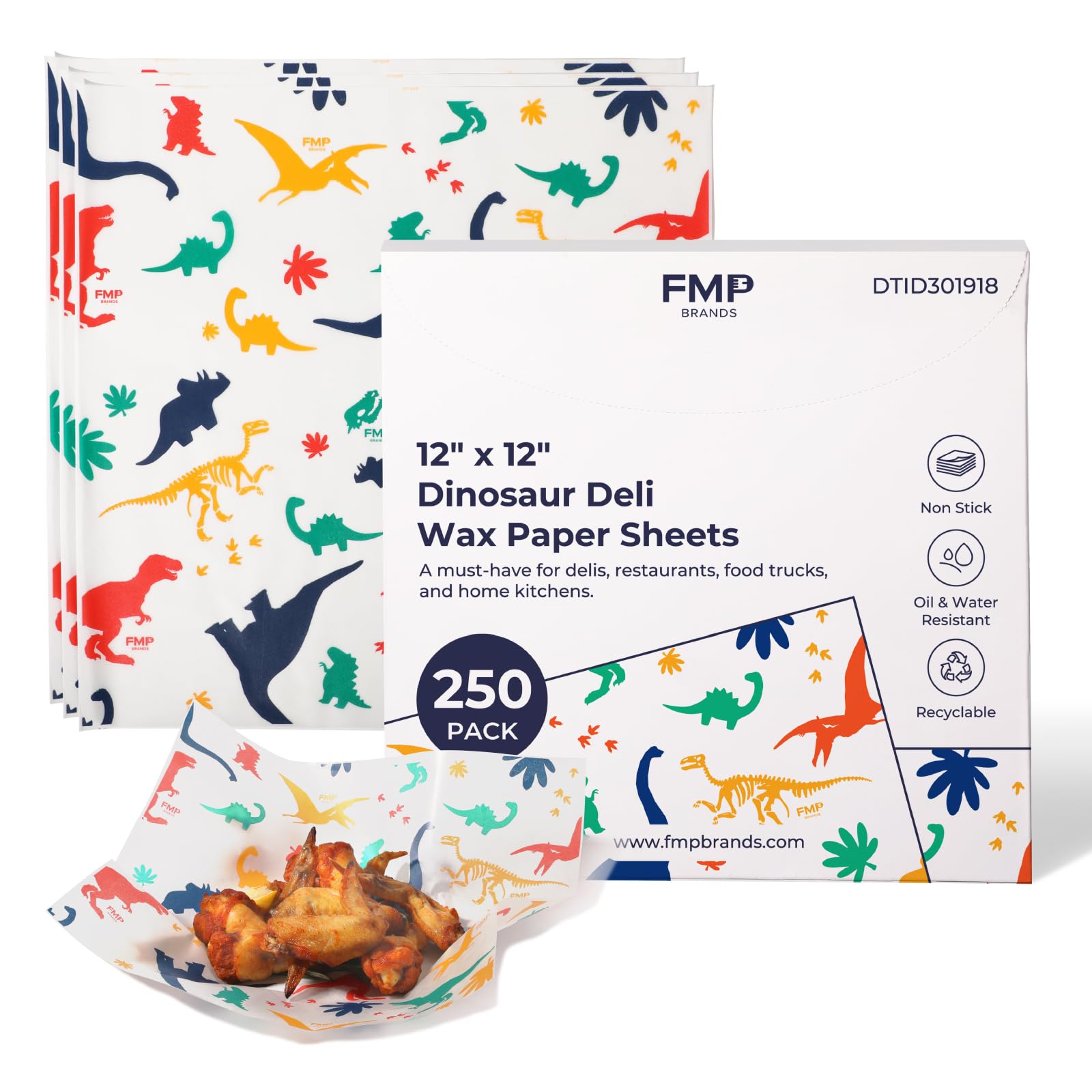 [250 Sheets] 12x12" Deli Paper Sheets, Dinosaur Dry Waxed Paper for Kids, Waterproof Sandwich Wrapping, Grease-Proof Wax Paper for Food Basket, Picnic, Barbecue, Restaurants, Burgers, Fries
