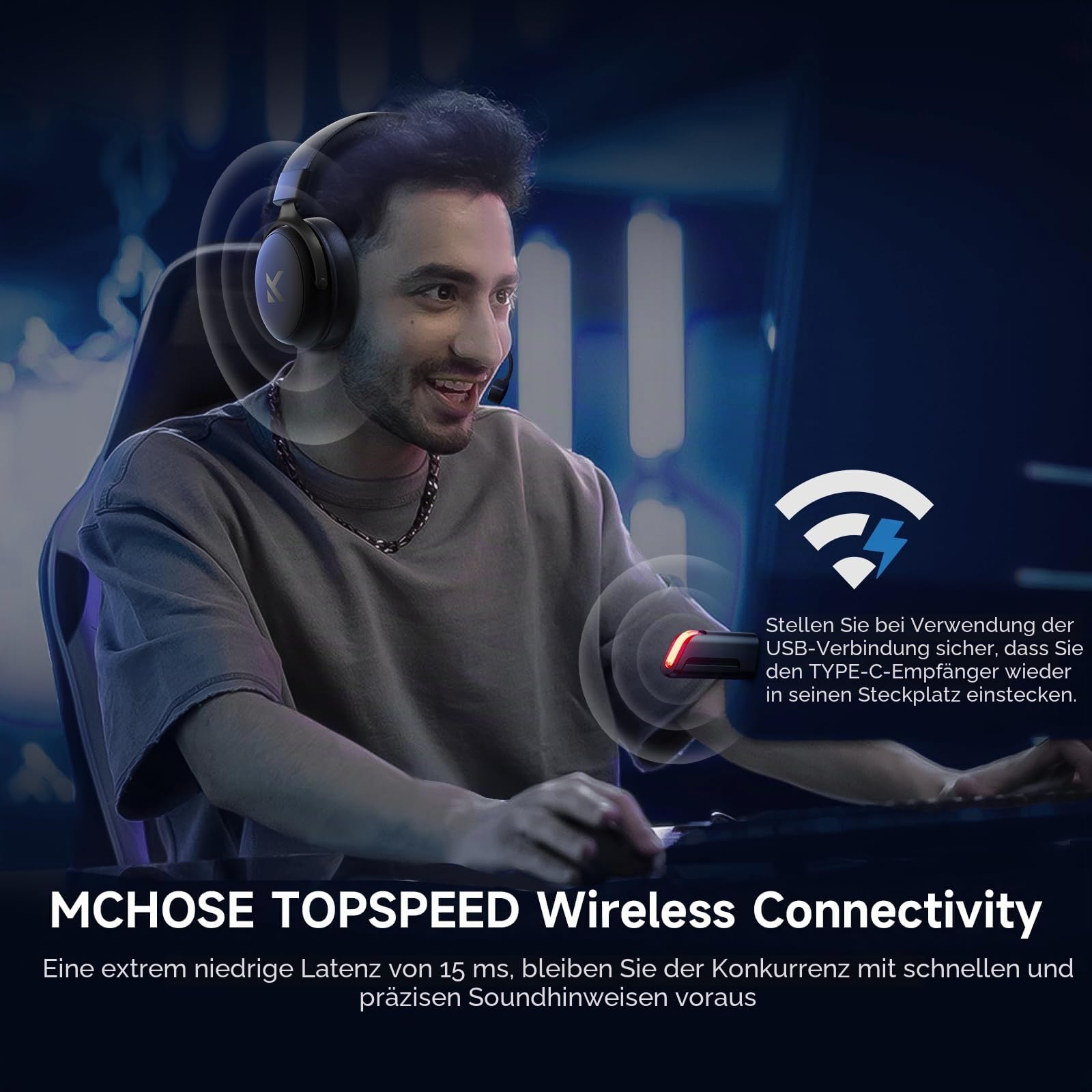 MCHOSE V9 Pro Kabelloses Gaming-Headset, 7.1 Surround-Sound | 53-mm-Neodym-Treiber, bis zu 40 m Reichweite, 15 ms niedrige Latenz, anpassbarer EQ, PC, PS5, Switch