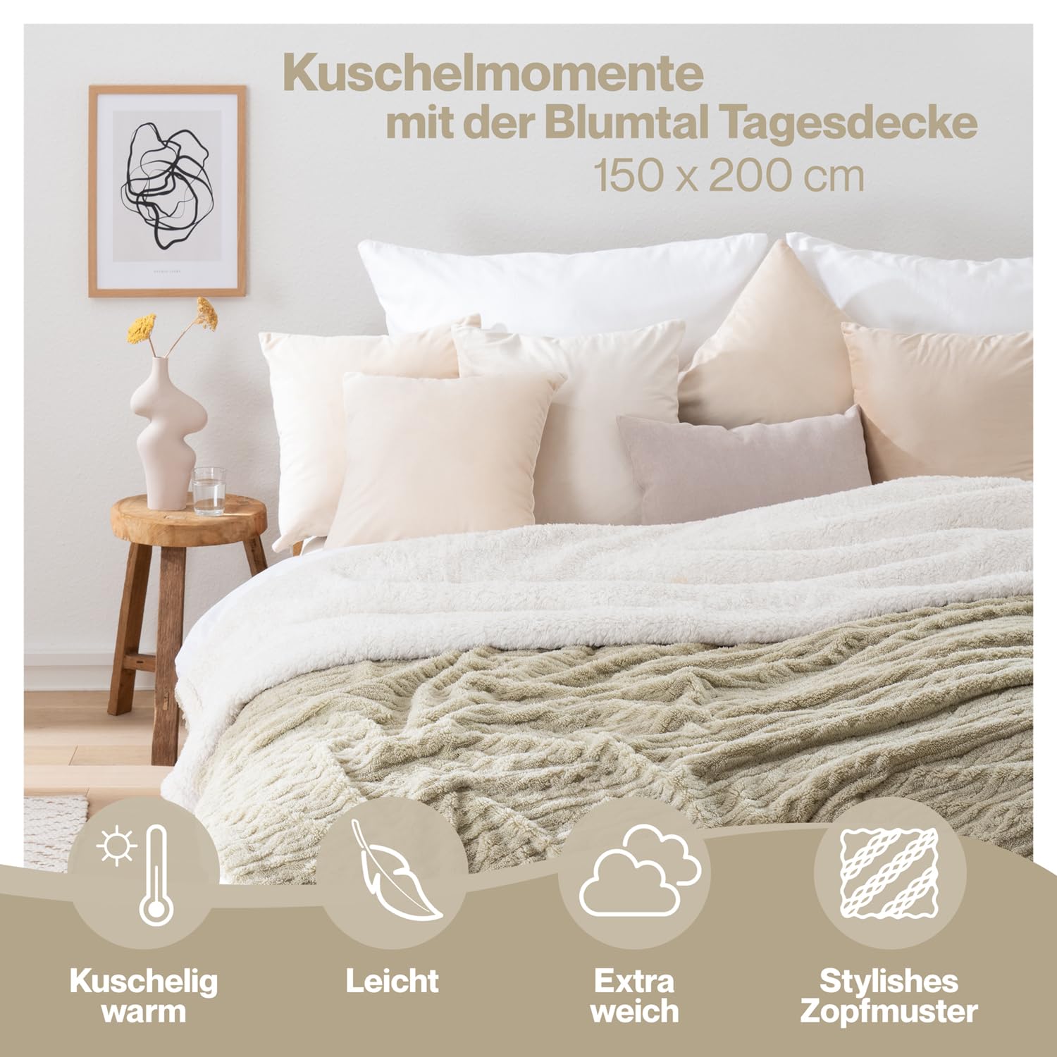 Blumtal Koc 150x200 cm z dzianinowym wzorem - Certyfikowany przez OEKO-TEX koc z mikrofibry z miękkim wnętrzem Sherpa - puszysty koc Sherpa 150x200 - ciepły koc w kolorze beżowym i białym