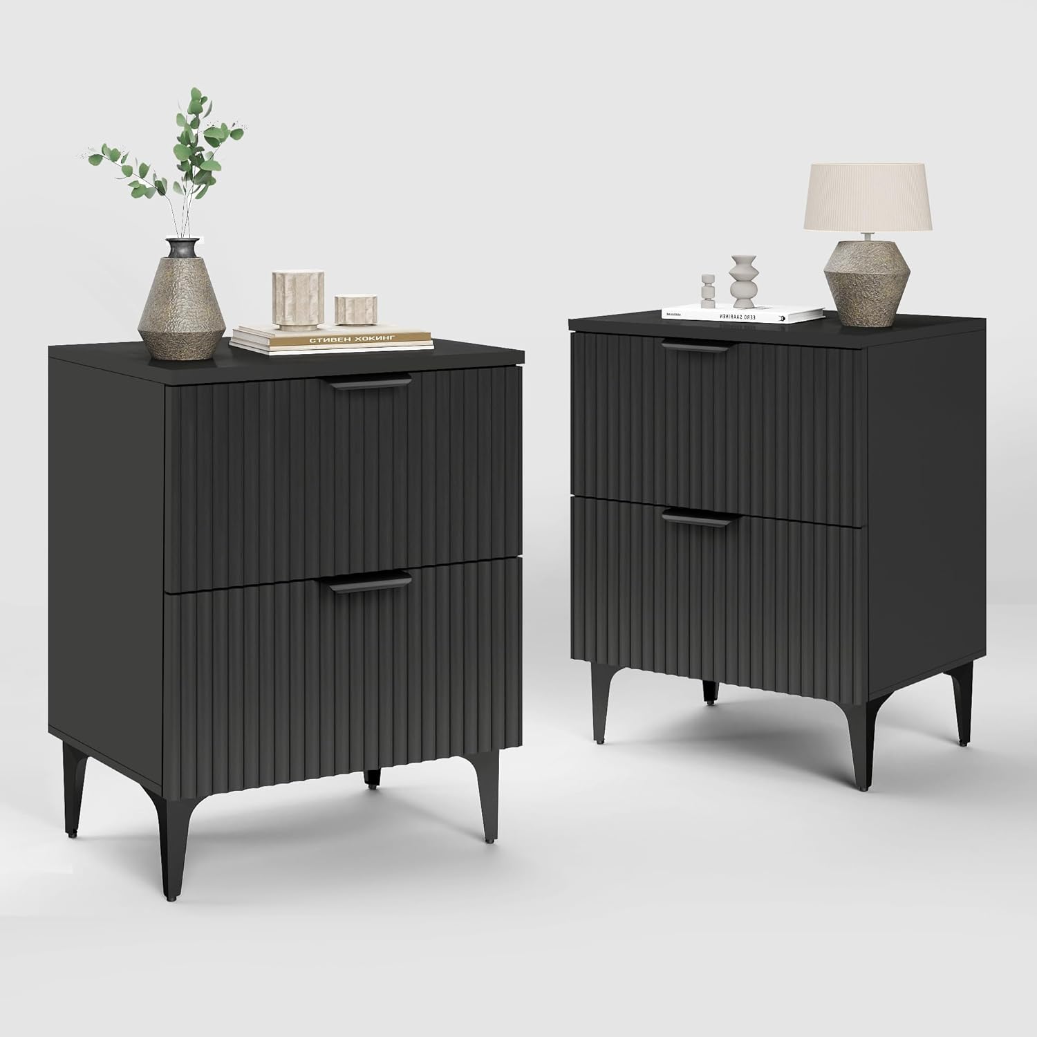 SUNWAVE Black Fluted Nightstand Set of 2, Modern Night Stands with 2 Drawers, Bedside Table for Twin/Full/Queen Bed, End Table with Robot-Friendly Metal Legs for Bedroom, Living Room