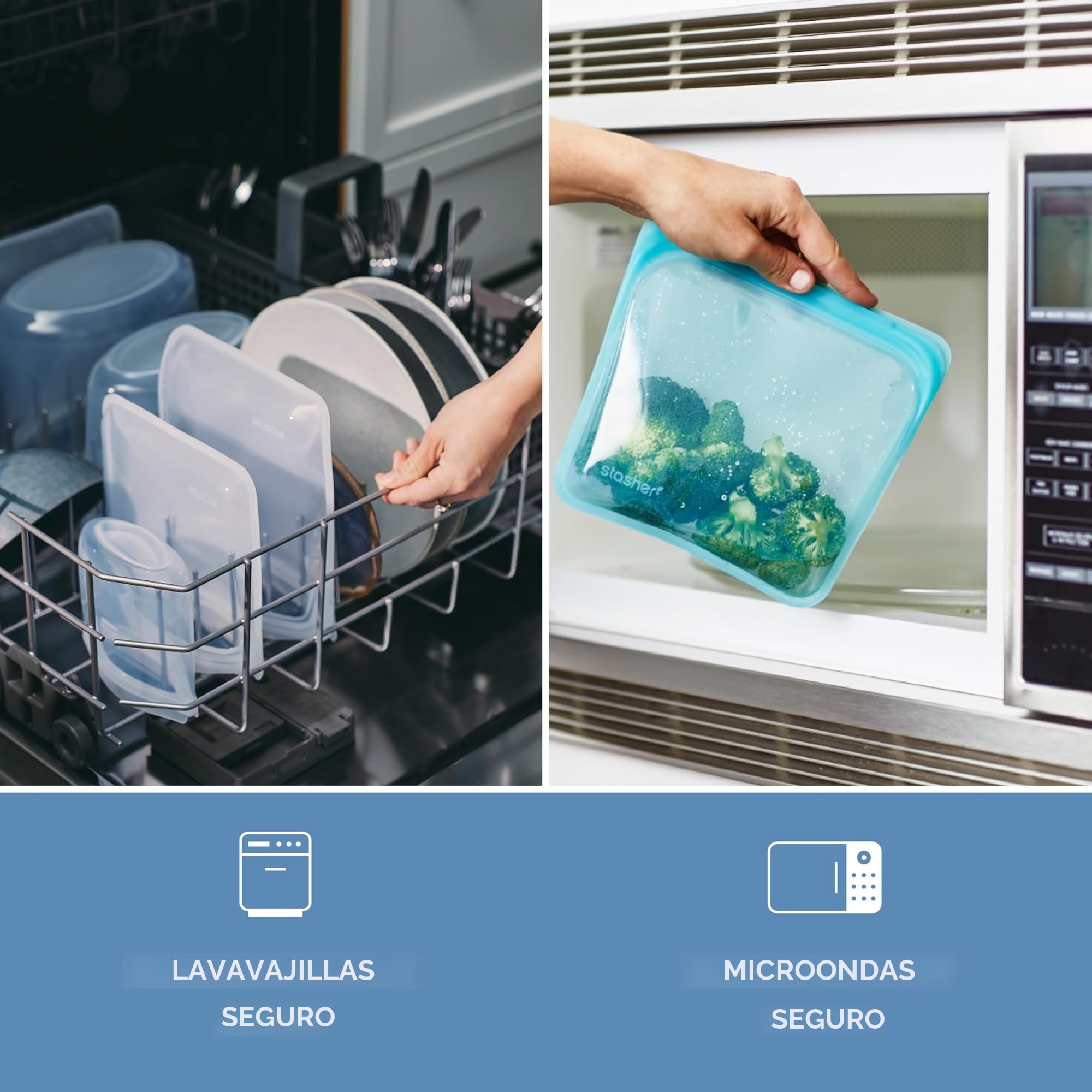 Stasher Bolsa de almacenamiento, reutilizable, reduce el plástico de un solo uso, apta para lavavajillas, respetuosa con el medio ambiente, tamaño grande, azul (aqua), 4 unidades | Bolsas reutilizables para alimentos