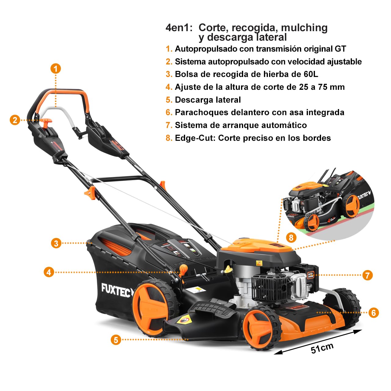 FUXTEC FX-RM5170PRO cortacésped Gasolina 4en1, 170 cm³ / 4 CV, 51 cm Ancho, Altura Ajustable, autopropulsado con Velocidad Variable, Bolsa 60 L, Mulching y Descarga Lateral.