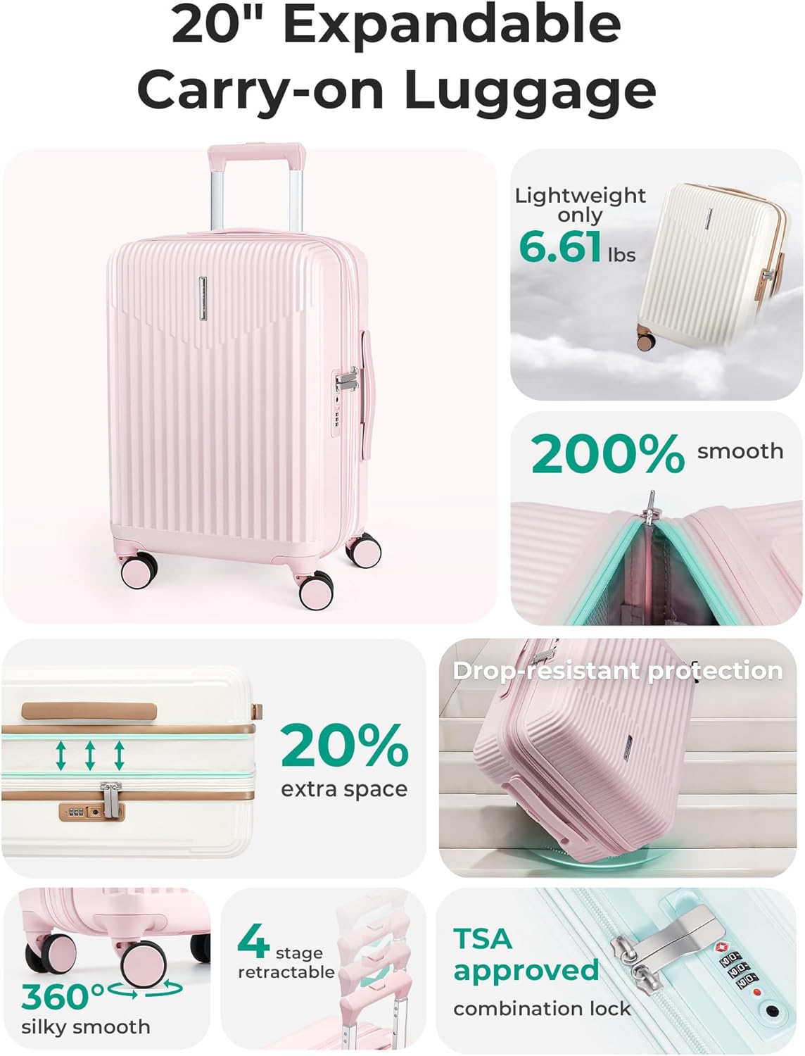 BAGSMART Carry On Luggage 22x14x9 Airline Approved with Spinner Wheels,100% PC Hardside Expandable Luggage with TSA Lock for Trips, 20 Inch Rolling Suitcases for Men Women,Pink - Image 2