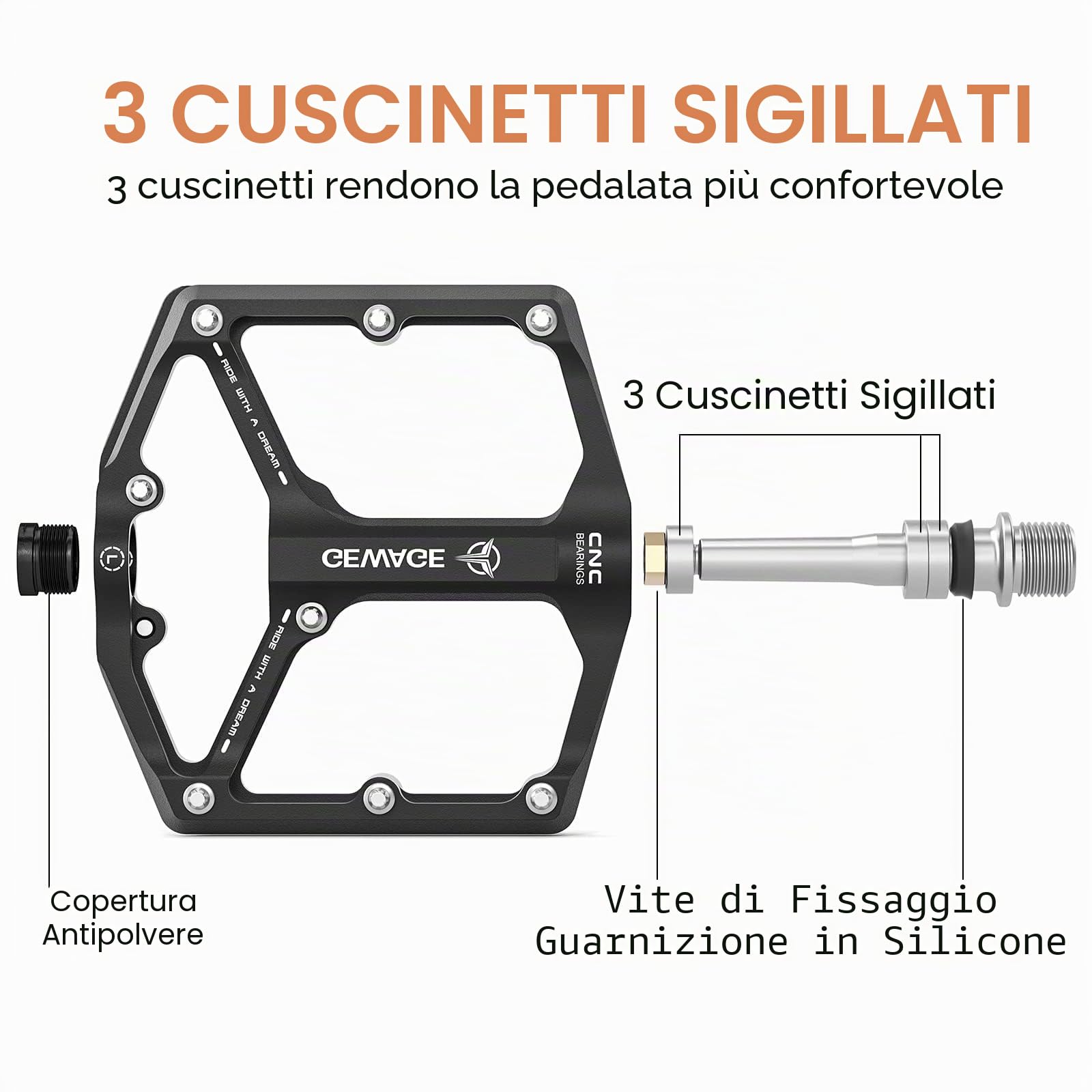 GEWAGE Pedali bici da strada/mountain bike - Pedali bici a 3 cuscinetti - Pedali piatti 9/16" lavorati a CNC con chiodi antiscivolo rimovibili