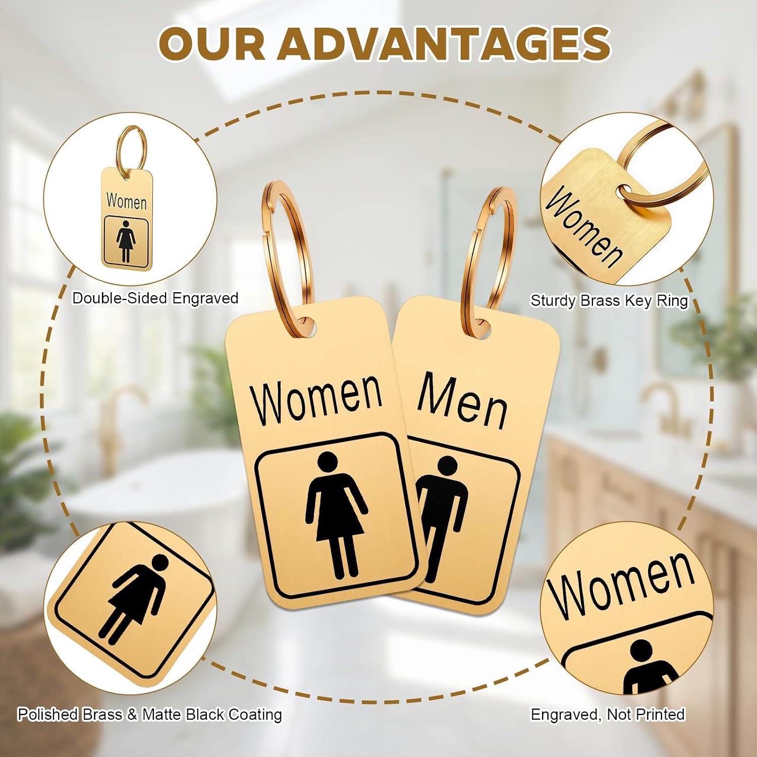 Tondiamo 6 Pcs Restroom Pass Keychains for Business, 3 Men 3 Women, Solid Brass Bathroom Tag, Double-sided Engraved Commercial Restroom Keys for Business Office Classroom, 1.25'' x 2.25''