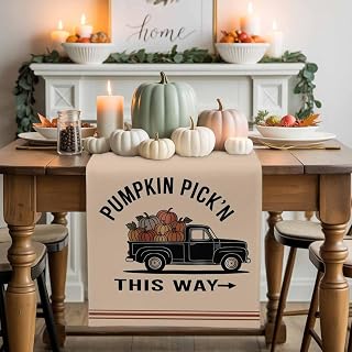 Table Runner Pumpkin Pick'n This Way Words Dresser Scarves 13x70 Inch,Linen Table Runners Pumpkins on Black Truck Tablerunner for Home Dining Indoor Outdoor Wedding Party Tabletop Decor