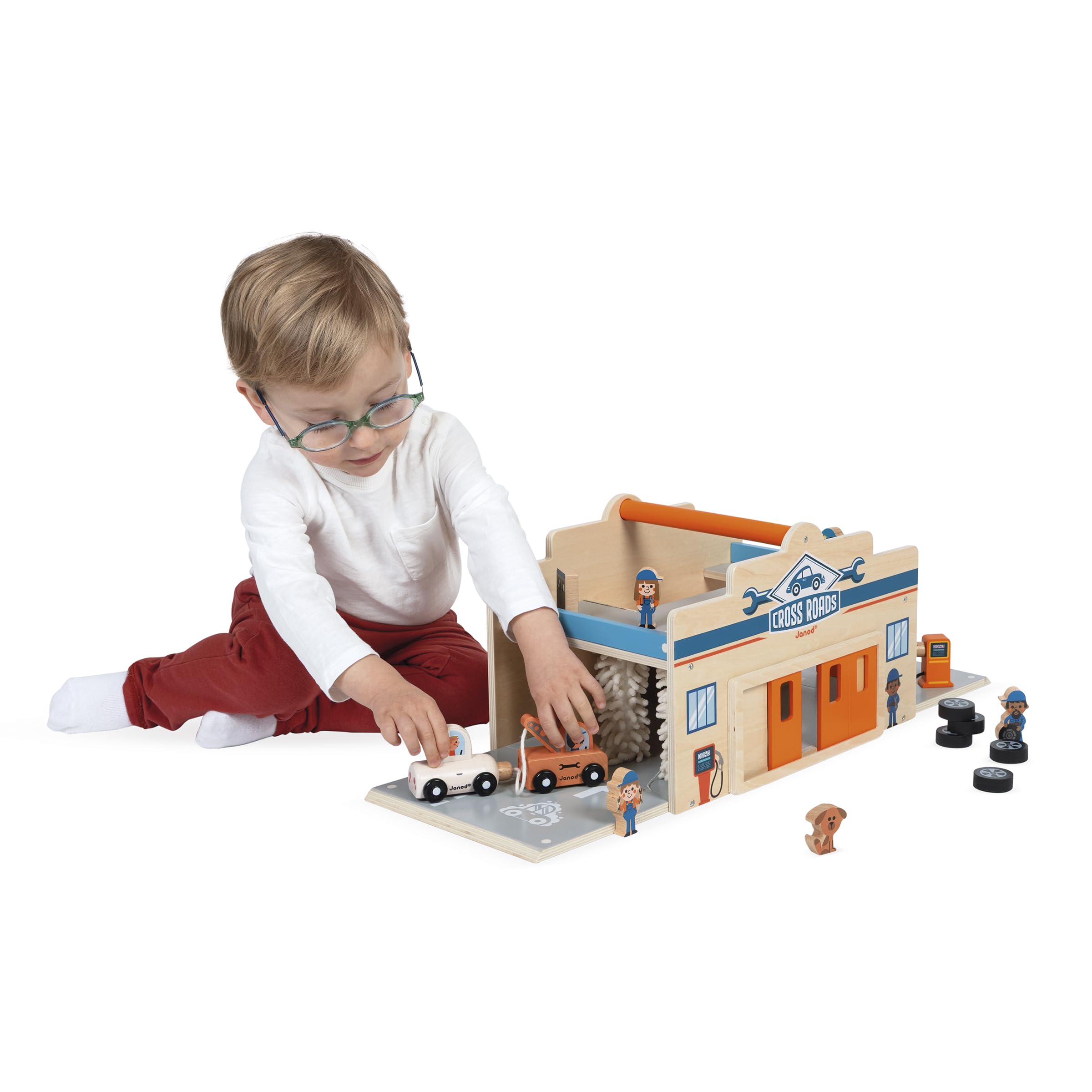 Janod - Mon Premier Garage Voitures en Bois Enfant 2 Ans et Plus - 2 Niveaux, Atelier Mécanique + Lavage Auto - 15 Accessoires Inclus - Dès 2 Ans