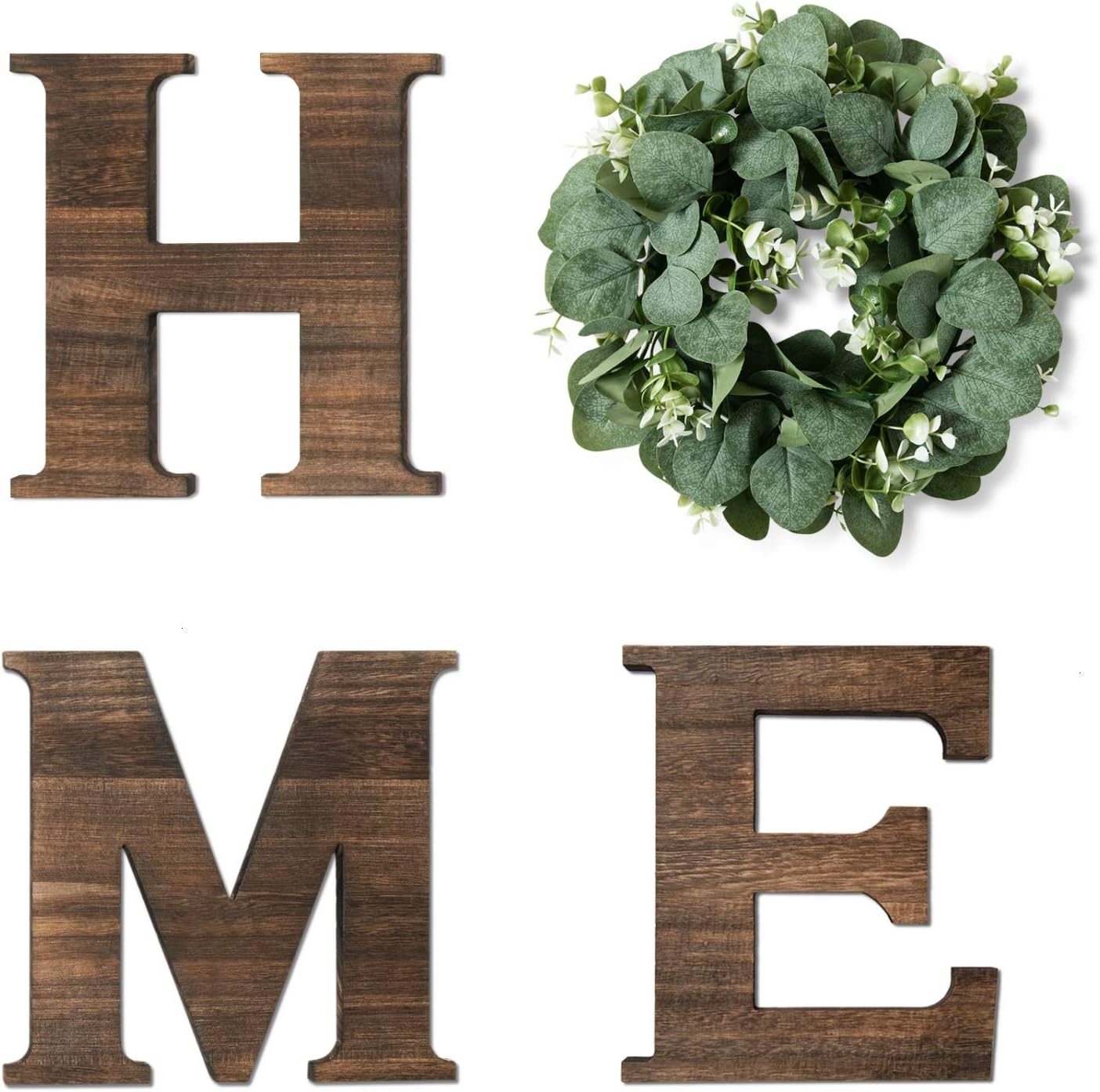 Yoleshy Wooden Home Sign with Artificial Eucalyptus Wreath for O, 9.8'' Letters for Wall Hanging Rustic Letters Decor for Living Room, Entry Way, Kitchen, Etc (Brown)