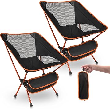 Set of 2 Ultra Lightweight Folding Camping Chair, Compact Portable Chair for Adults, 105kg Weight Capacity, Outdoor Chairs with Carrying Bag for Camping, Garden, Fishing, Beach, BBQ - Orange