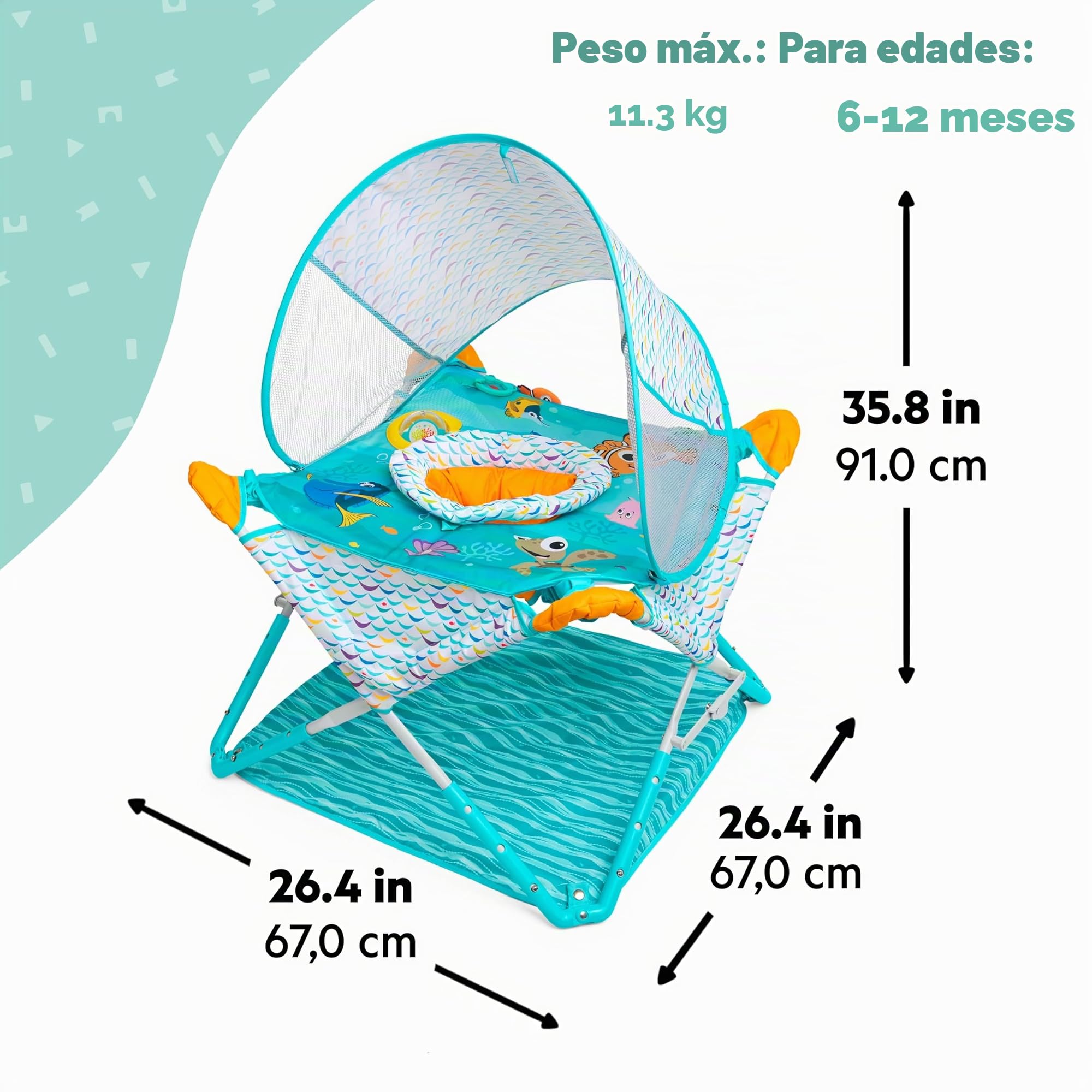 Bright Starts, Centro de Actividades Plegable Pop 'N Jump de Disney Baby Buscando a Nemo, para Interior y Exterior, Unisex, Desde 6 Meses, con Juguetes Sensoriales