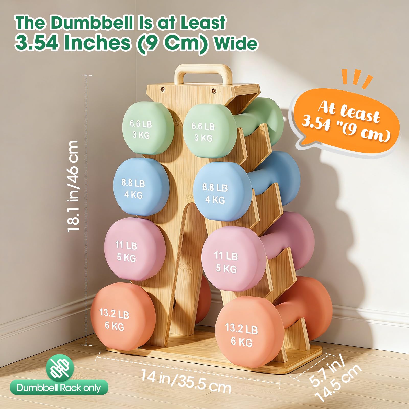 4 Livelli Supporto per Manubri, Supporto Porta Manubri in Legno, 4 Ripiani Rack Porta Rastrelliera con Maniglia, da 3-7KG, per Palestra Domestica, Ufficio, Soggiorno, 35,5x14,5x46cm