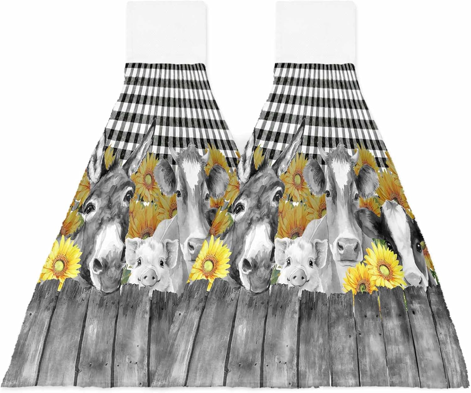Vintage Farm Animals Kitchen Hand Towels with Hanging Loops Set of 2 Cute Cow Pig Sunflower Soft Thick Oven Fingertip Dry Microfiber Tie Dish Towel Absorbent Cleaning Washcloth for Bathroom Kitchen