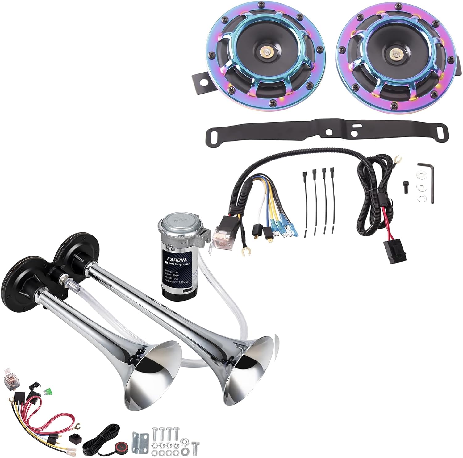FARBIN Horn Waterproof Car Horns 12v Loud,Super Tone Metal Twin Horns Kit with Relay Harness with Truck Horn with Compressor and Wire Harness
