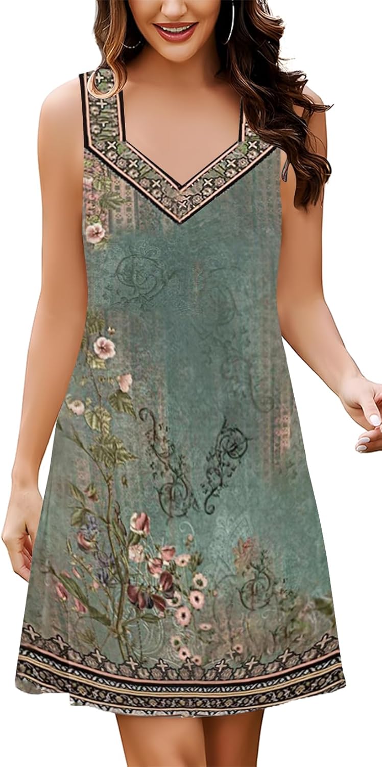 SAUKOLE Summer Dresses for Women Casual Loose Sleeveless Tank Dress Fashion V Neck Flowy Mini Short Sundress - Image 2