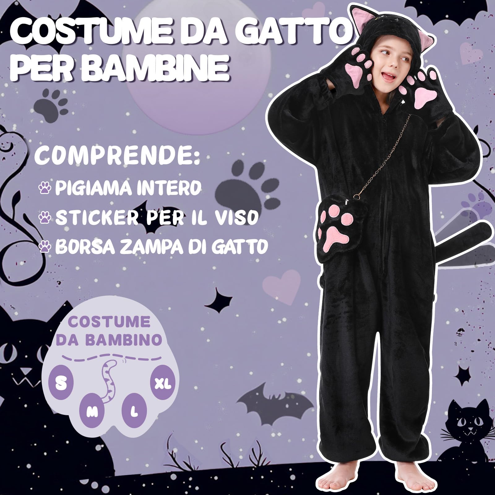 LumenVela Costume Gatto Bambina, Vestito Gatto Bambino con Borsa a Tracolla, Adesivi, Pigiama Intero Vestito Halloween Bambina Costume Carnevale Gatto per Halloween, Carnevale, Cosplay, Feste