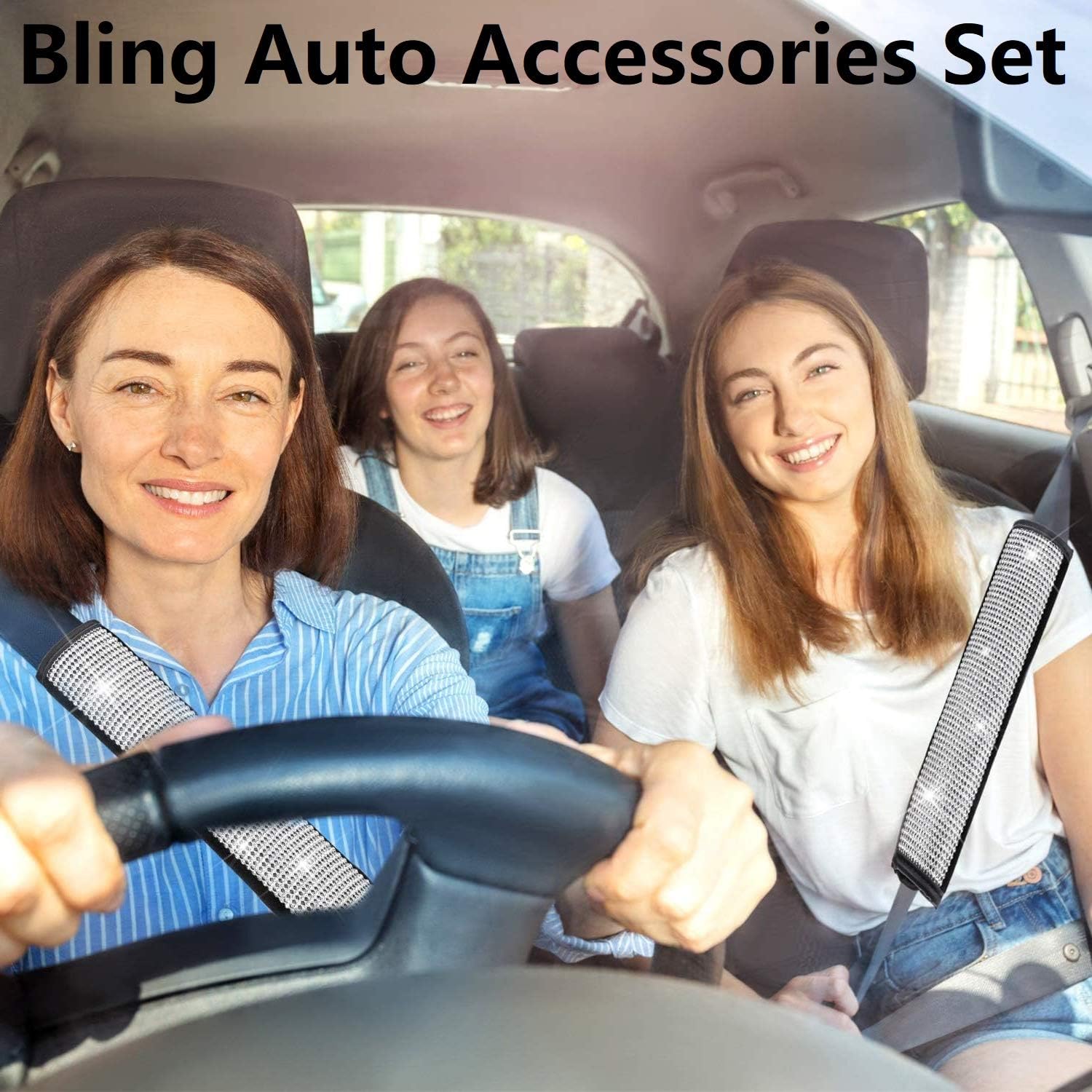 Boltigen Bling Car Accessories for Women Interior Set-6 Pack Diamond Car Accessories with 2 Bling Seat Belt Covers,Bling Gear Shift Cover, Handbrake Cover,Car Ring Sticker, 4 Valve Stem Caps (6 Pack)