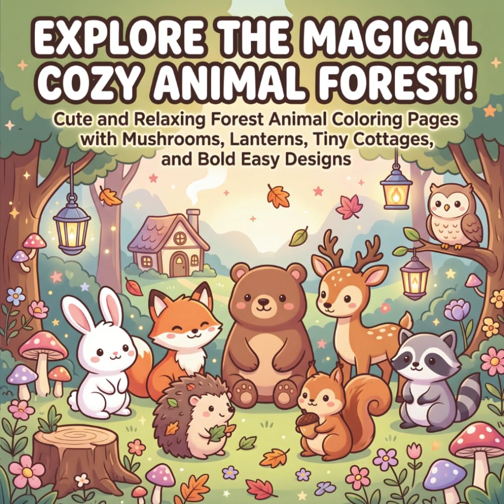 Explore the Magical Cozy Animal Forest!: Cute and Relaxing Forest Animal Coloring Pages with Mushrooms, Lanterns, Tiny Cottages, and Bold Easy Designs for Kids, Teens, and Adults
