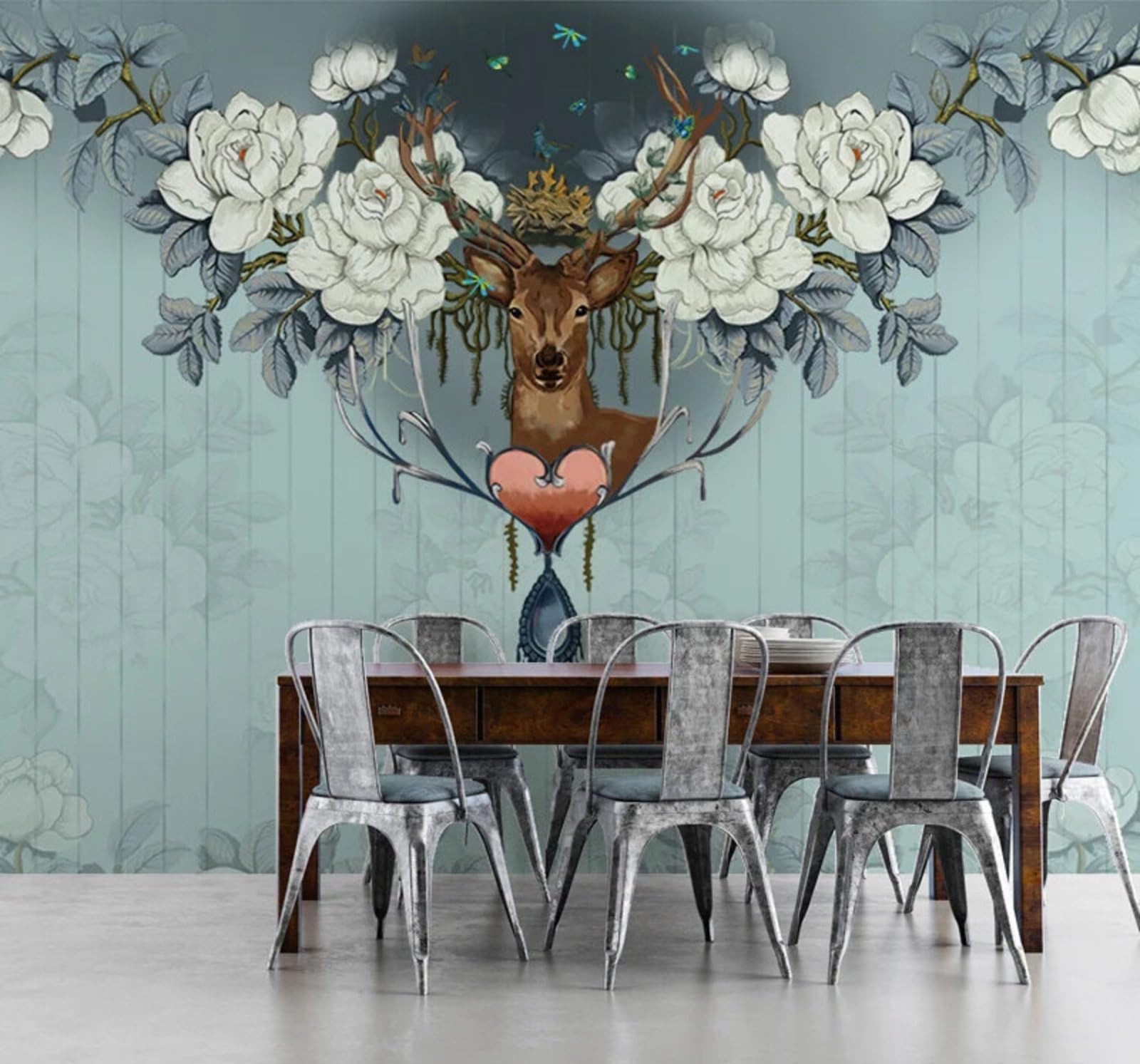 Xlming 400Cm×280Cm(B×H) Retro Fresh Beautiful Reindeer Flowers 3D Wallpaper Silky Texture Home Study Office Grey Dining Room Sofa Bedroom Living Room Tv Backdrop-400Cm×280Cm