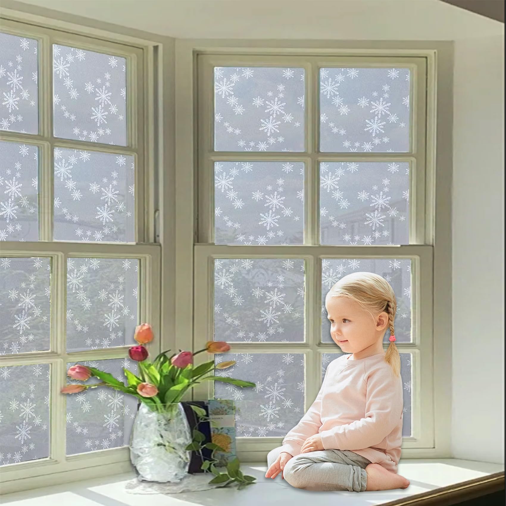 One Way Window Film Privacy 45 x 450 cm, Light Blocking, Daytime Privacy Decorative, Removable Reusable, Window Privacy Film Day and Night, snowflake