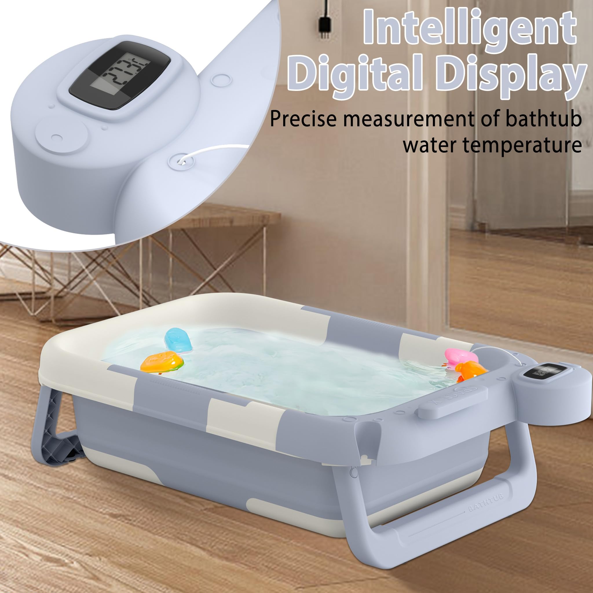 FIVMEN Vasca da bagno pieghevole con struttura, termometro e cuscino da bagno, antiscivolo, portatile, per neonati, colore: blu chiaro