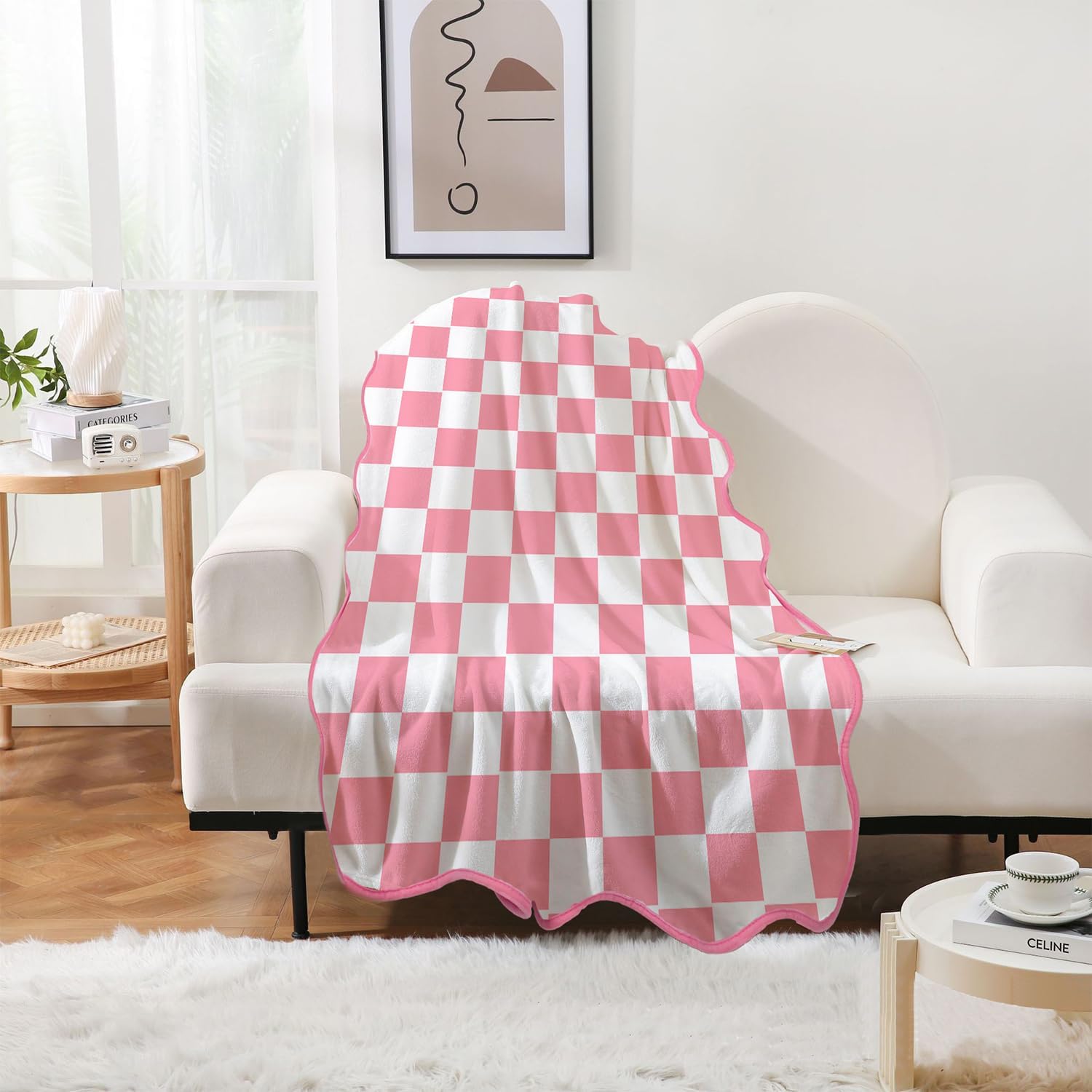 Pink Checkered Scalloped Throw Blanket for Teen Girls Women, Preppy Pink and White Gingham Blanket, Coquette Soft Cute Lightweight Blanket Throw, Girly Room Decor for Sofa Couch Travel Bed 50" x 60" - Image 2