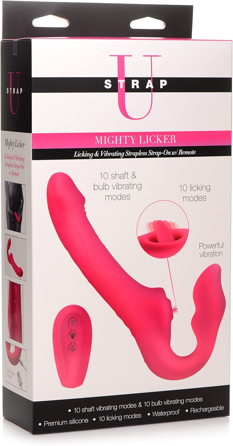 Strap U Mighty Licker 10X Premium Silicone Strapless Dildo with Licking & Vibrating Shaft & Remote Control for Pegging Men Women & Couples, Waterproof & Rechargeable Sex Massager Vibrator Strapon Toy