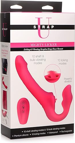 Miniatura 6 de Strap U Mighty Licker AG906 - Consolador de silicona sin tirantes de alta calidad 10X con eje de lamer y vibrar, control remoto para pegging