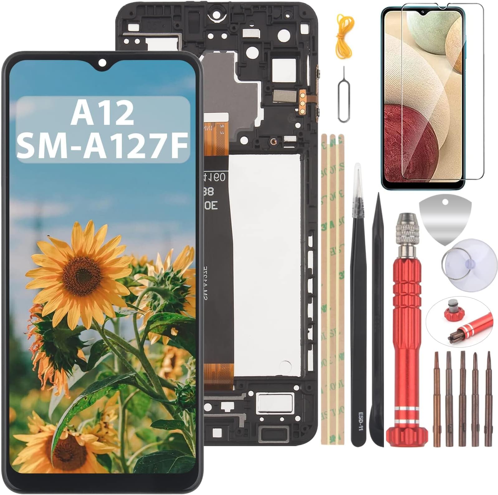 6.5 Inch Black + Frame Display for Samsung Galaxy A12 A127 SM-A127F SM-A127F/DS LCD Display Touch Screen Replacement Screen Glass Assembly with Tools + 1 x Screen Protector