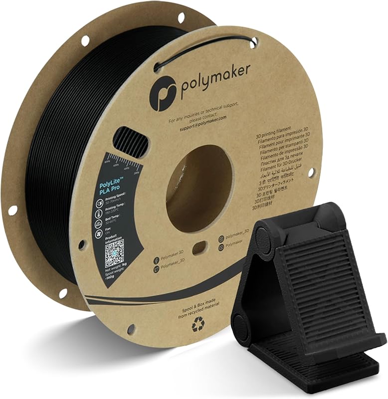 Polymaker PolyLite PLA Pro Filament 1.75mm 1KG Black | Tough & High Rigidity, Impact-Resistance, Clean Finish, Easy to Print on Most FDM 3D Printers, Cardboard Spool