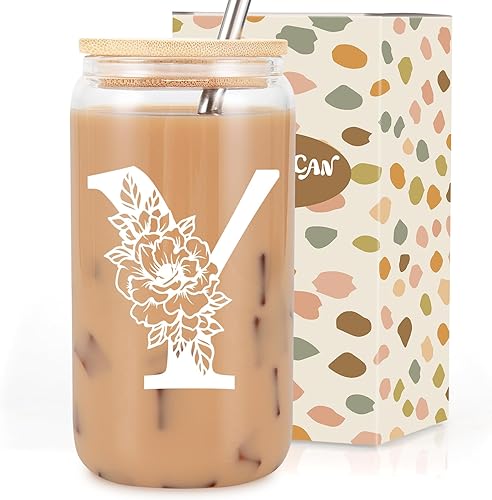 Coolife Vaso de vidrio con inicial, regalos con monograma para mujeres, tazas de vidrio de 16 onzas con tapas y pajitas, café helado, batido, vaso