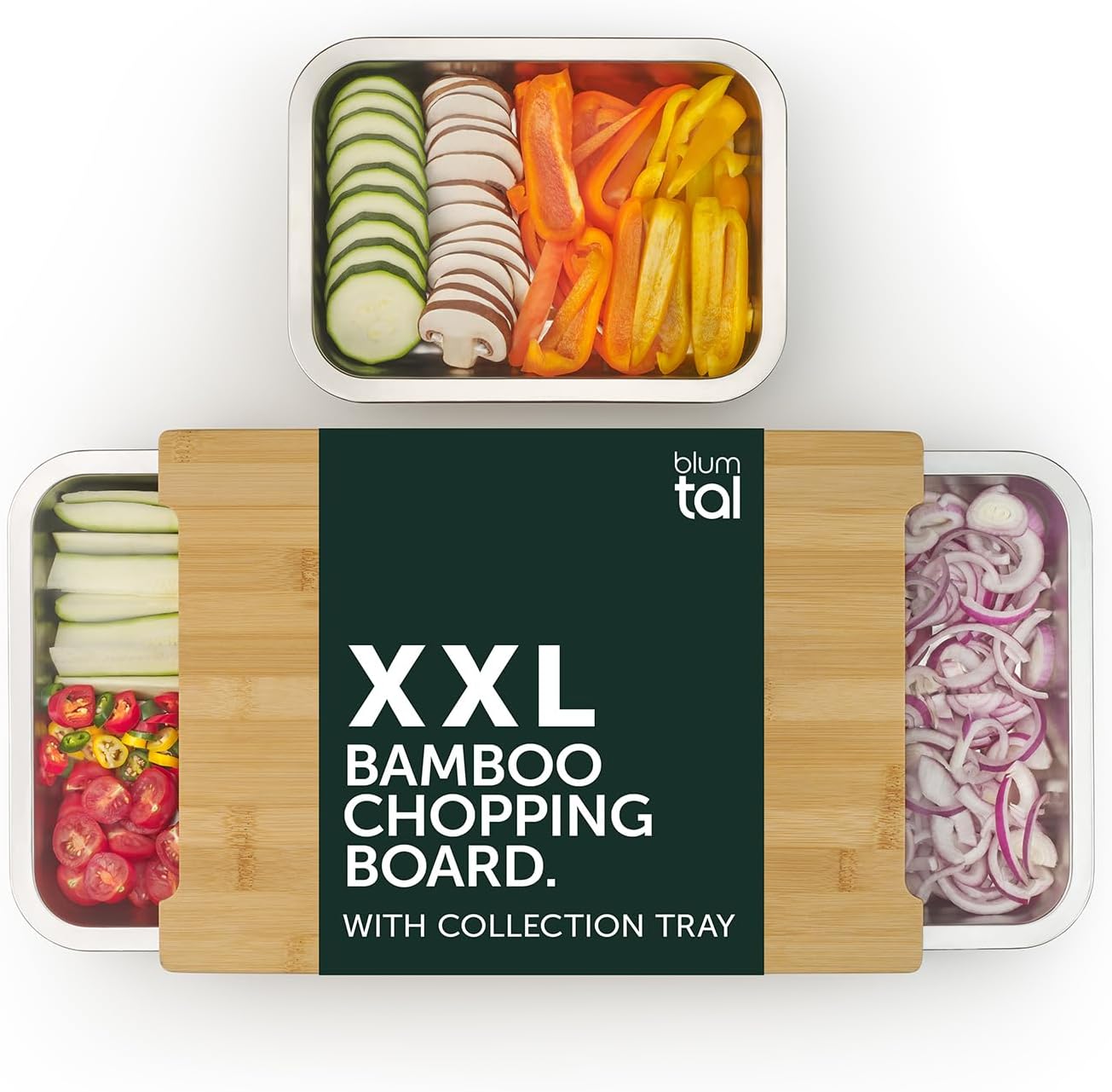 Blumtal Chopping Board with Drip Trays 40 x 28.5 x 6.5 cm - Set of 3 Oven-Proof Stainless Steel Collection Trays Kitchen Board with Non-Slip Feet 100% High-Quality Bamboo