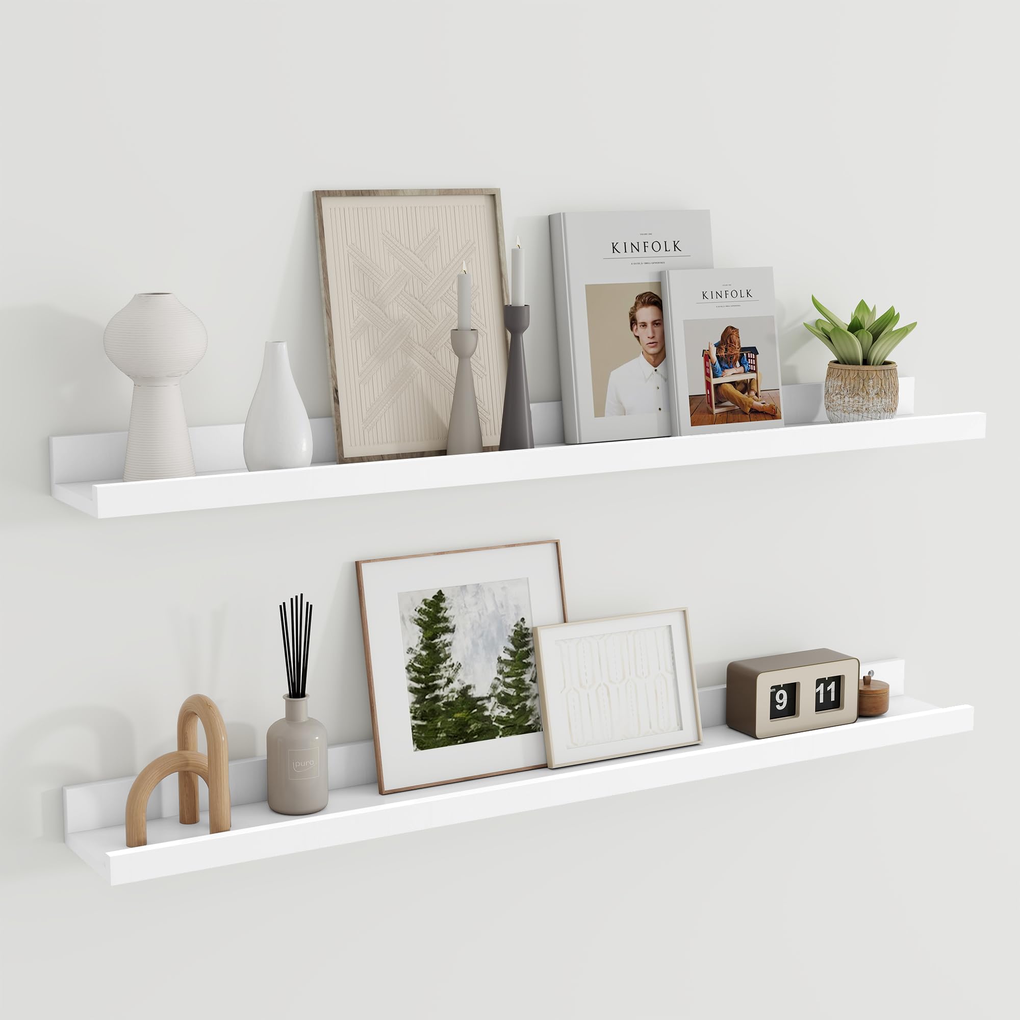Floating Shelves Set of 2, 90cm Long Picture Ledge Shelf, Nursery Shelves with Lip for Storage, Kids Bookshelf Wood Wall Mounted Black Shelves for Living Room Bedroom Decor Books Photo Frames