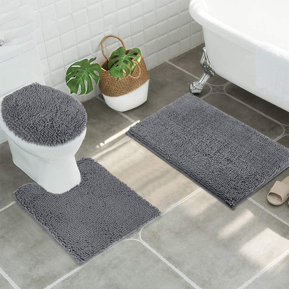 Smart Linen 3 Piece Chenille Bathroom Rug Set Includes Bath Rug, Contour Mat and Toilet Lid Cover, Super Soft and Absorbent Shaggy Bathroom Rugs, Non Slip and Machine Washable (Gray)