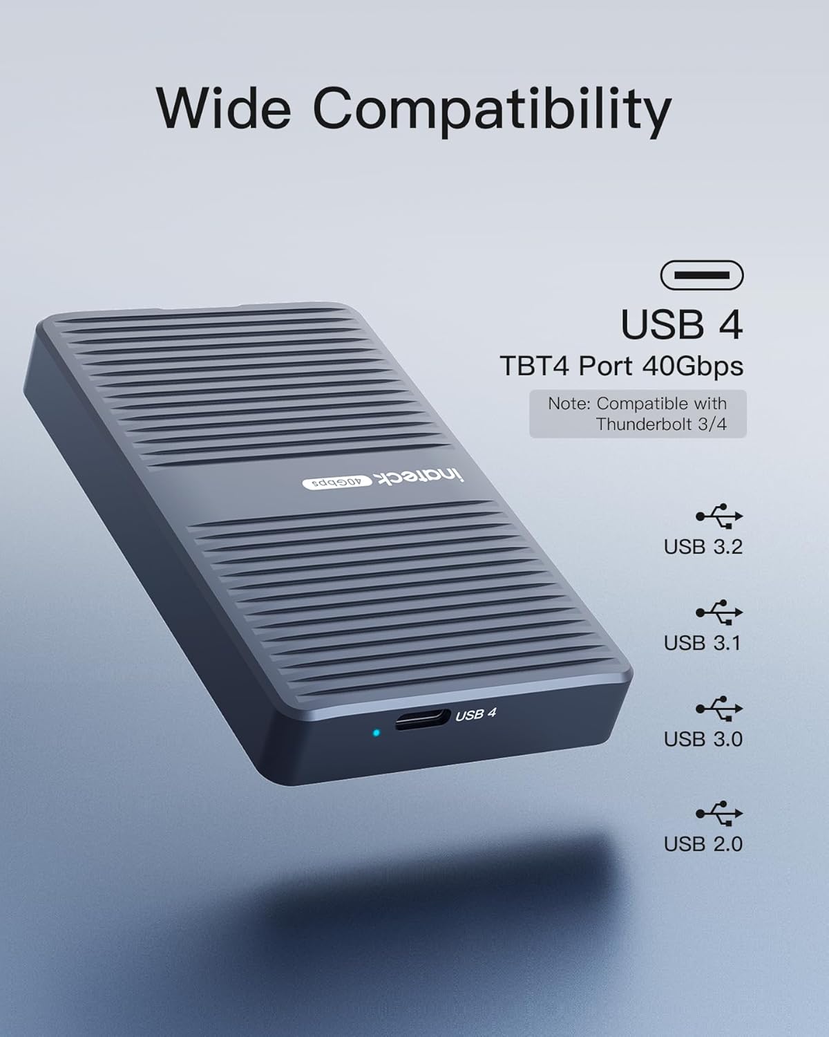 Diagram showing wide compatibility with various USB and Thunderbolt standards.