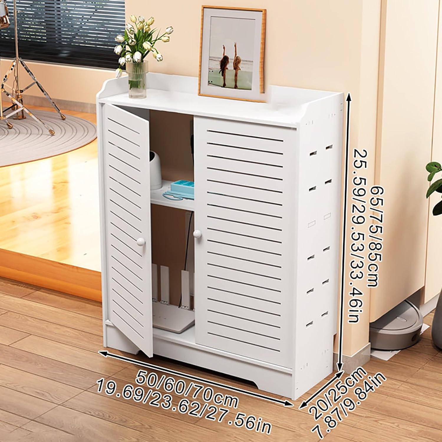WiFi Router Storage Cabinet Floor Standing Router Storage Box with Doors and Shelves for Living Room Office and Home Bedroom.(50x65x20cm)