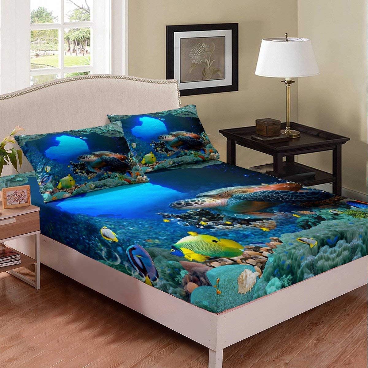Parure de lit tortue de mer bleu pour chambre d'enfant mixte