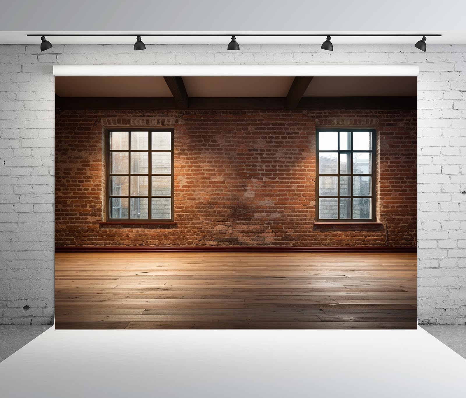 Loccor 7x5ft Fabric Empty Room Backdrop Modern Interior Room Wooden Floor and Vintage Brick Wall with Window Background for Home Office Wall Decor Video Conference Zoom Photo Props