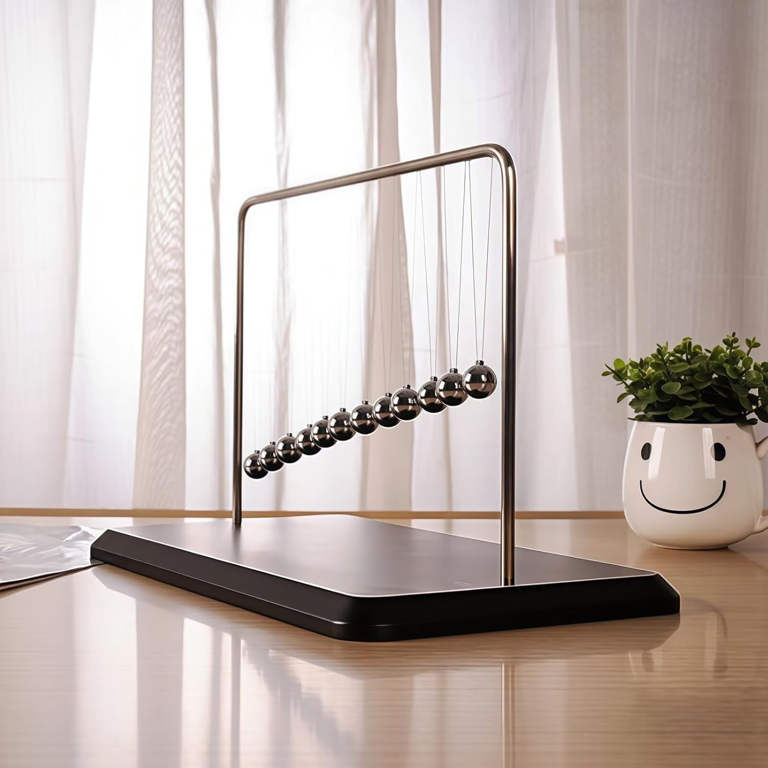 Newton's Cradle Pendulum with 12 Balance Balls, Kinetic Motion Science Gadget, Wooden Base Desk Decor for Office & Home, Educational Physics Model