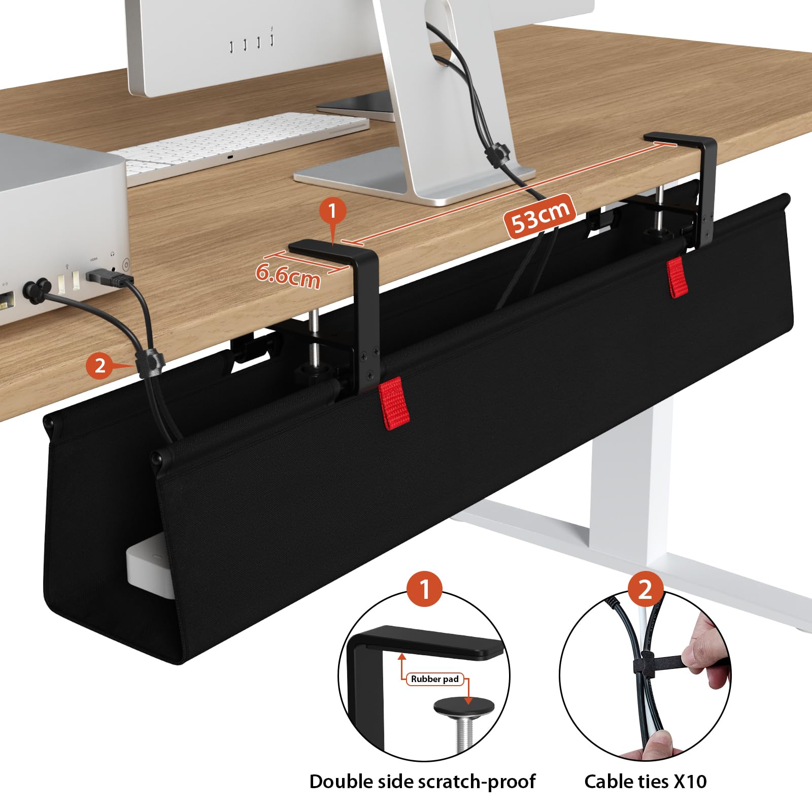 Univivi Unter dem Kabel Management Schreibtisch, 90cm Ohne Bohren Kabelkanal Schreibtisch Fexibel Oganizer, Klemmen/Schraubmontage, Stabiles Wasserfestes Kabeltray für Büro und Zuhause