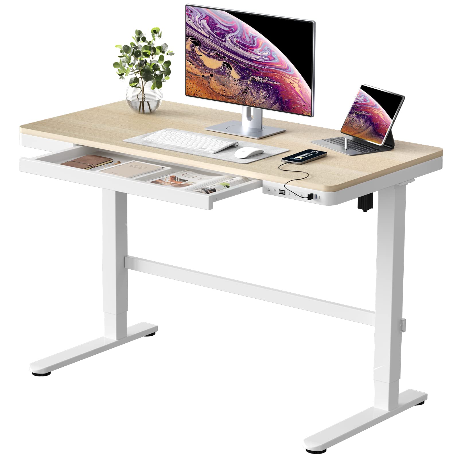 JOY worker Electric Standing Desk with Drawer, Height Adjustable Stand Up Desk with USB Charging Ports, 48 Inch Wood Desktop and White Frame Quick Install Home Office Table with Whole-Piece Board
