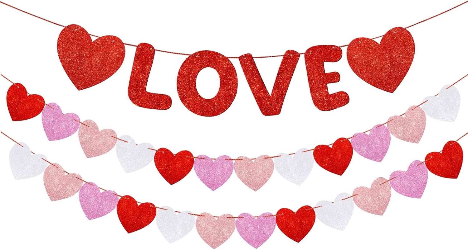 Fulmoon Pre Strung Valentines Decor Glitter Valentine's Day Banner Glitter Heart Garland Banner, for Valentines Decorations, Anniversary, Wedding, Engagement Party, and Home Decor(Love)