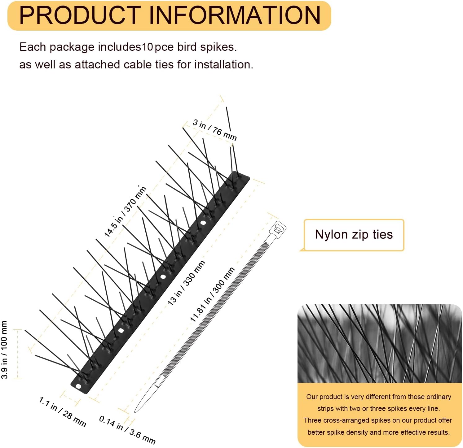 OFFO Black Pre-Assembled Bird Spikes, 304 Stainless Steel Pigeon Spikes for Outside, Cover 10.8 Feet, Easy Installation​ for Balcony, Roof, Window Sills, Keep Building Surfaces Clean