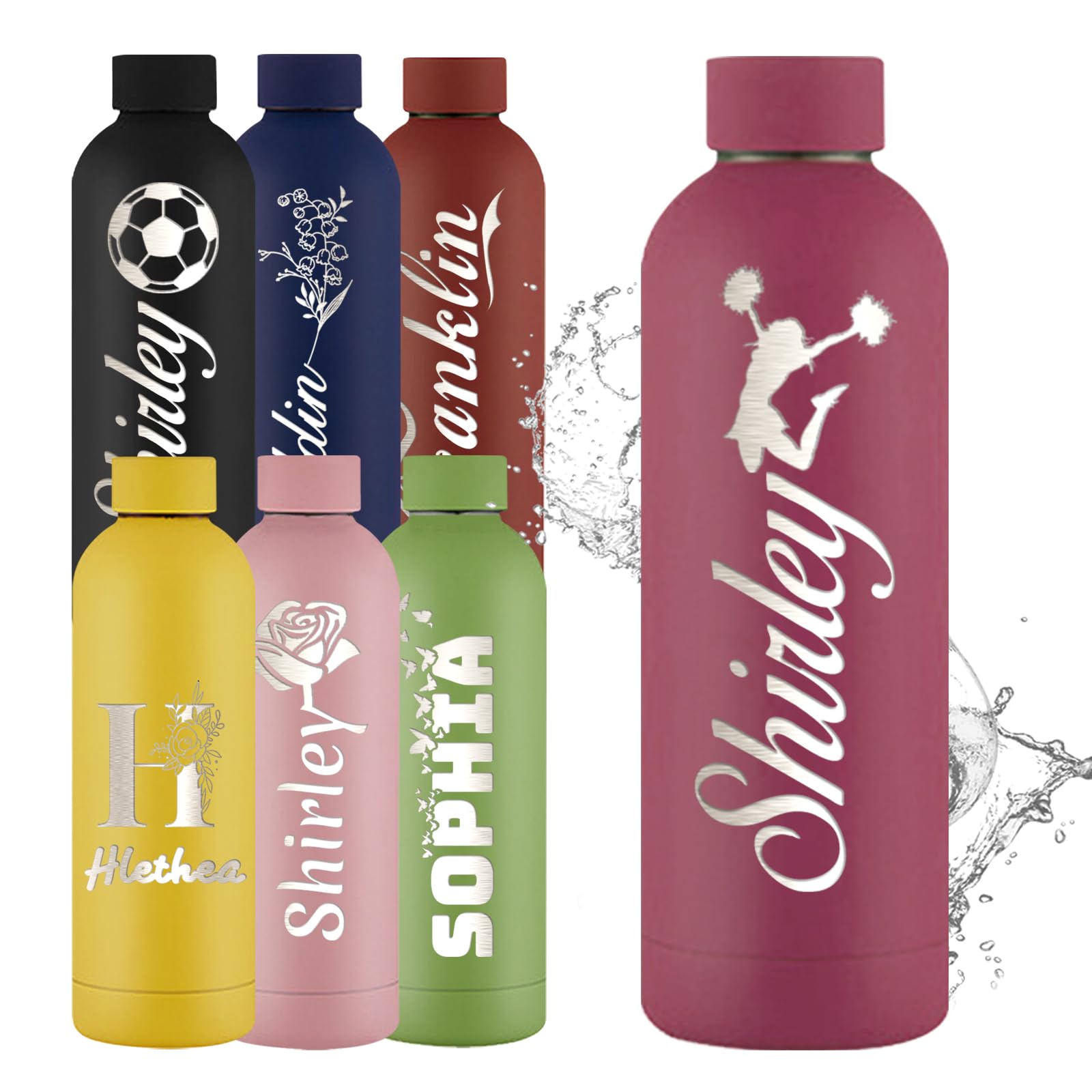 YoLLiEE Personalised Water Bottle with Name Custom Water Bottles Stainless Steel Engraved Insulated Sports Water Cup 16oz, Dark Pink Icon Style