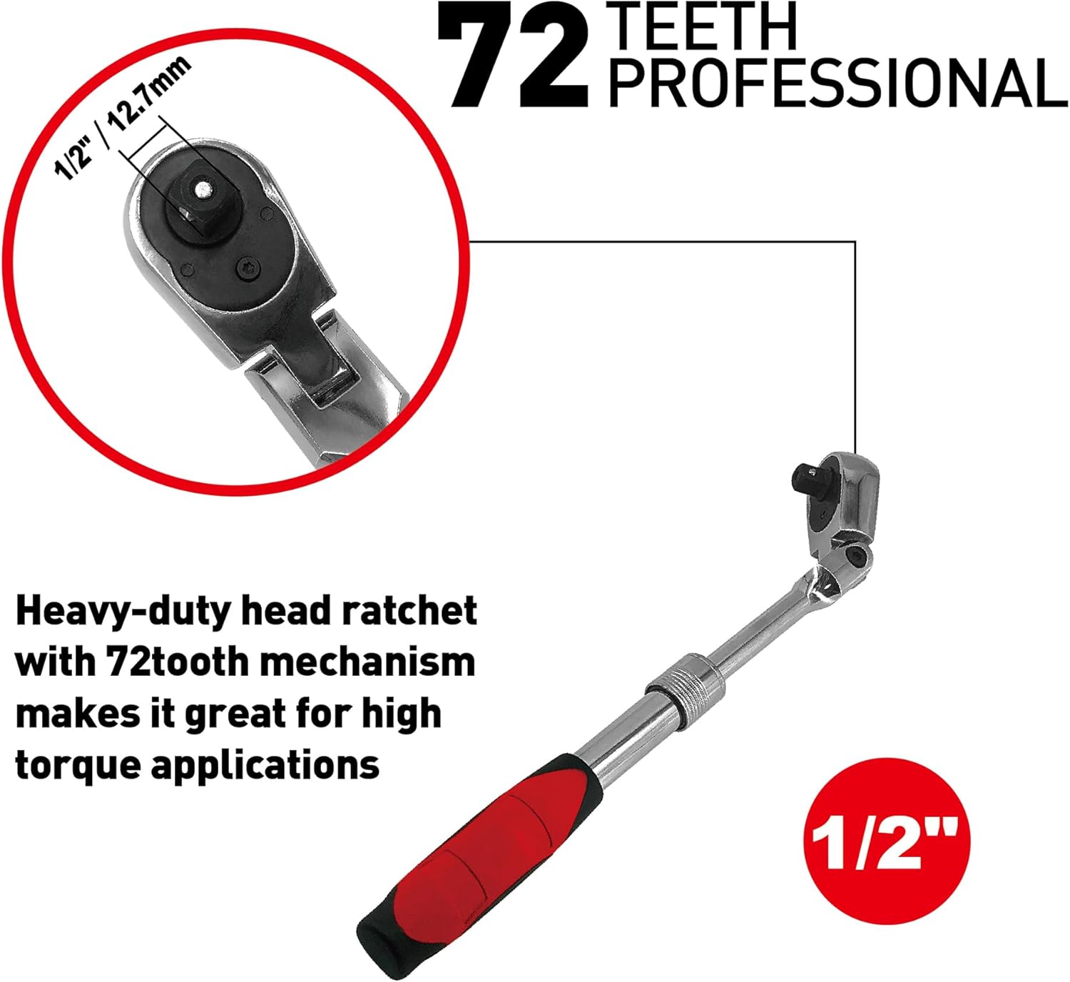 MacWork 1/2-Inch Drive Telescoping Ratchet, 72 Teeth Quick-Release, Reversible Flex Head, 1 Pack