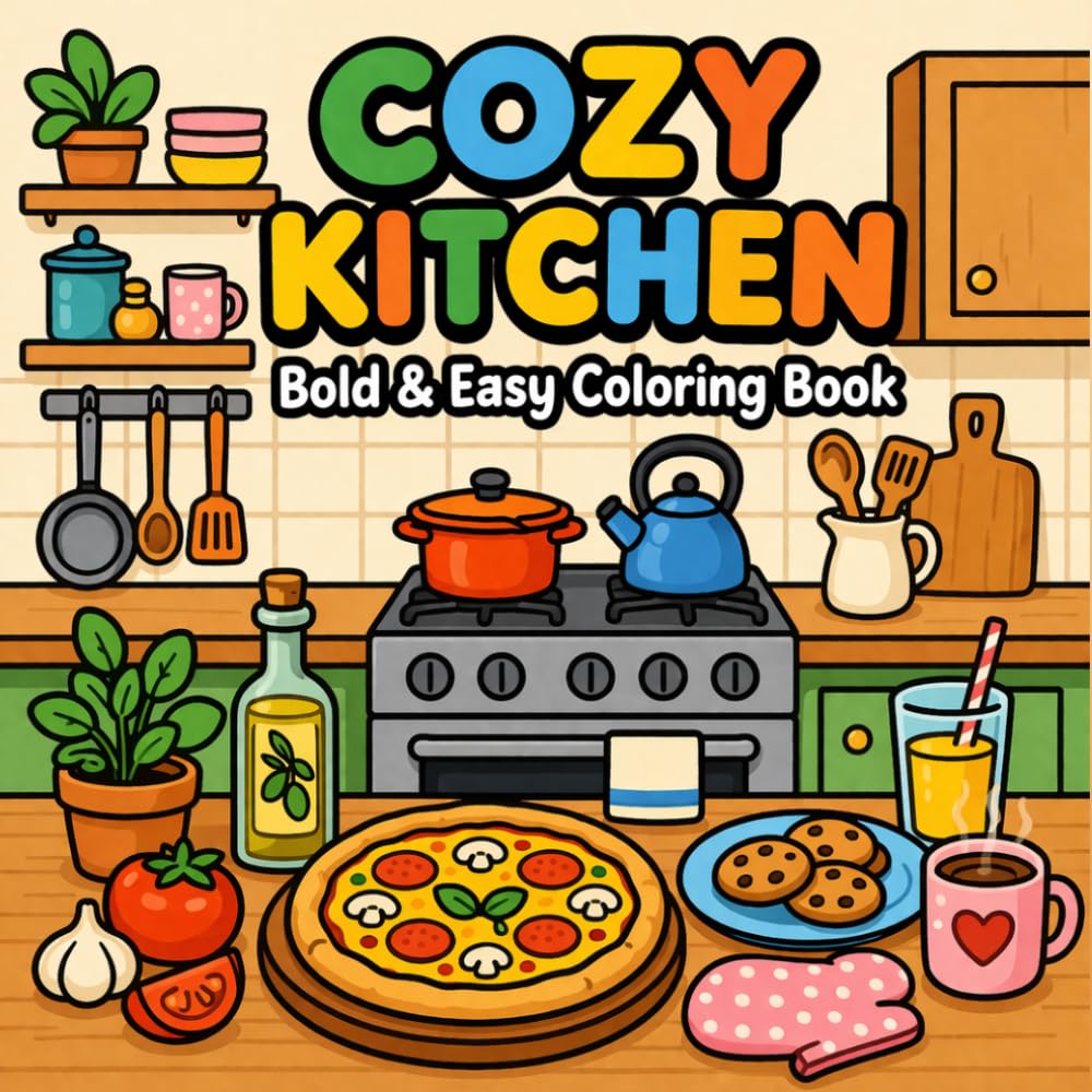 Cozy Kitchen Bold and Easy Coloring Book for Adults: Simple and Relaxing Kitchen Scenes for Stress Relief, Mindfulness & Cozy Living