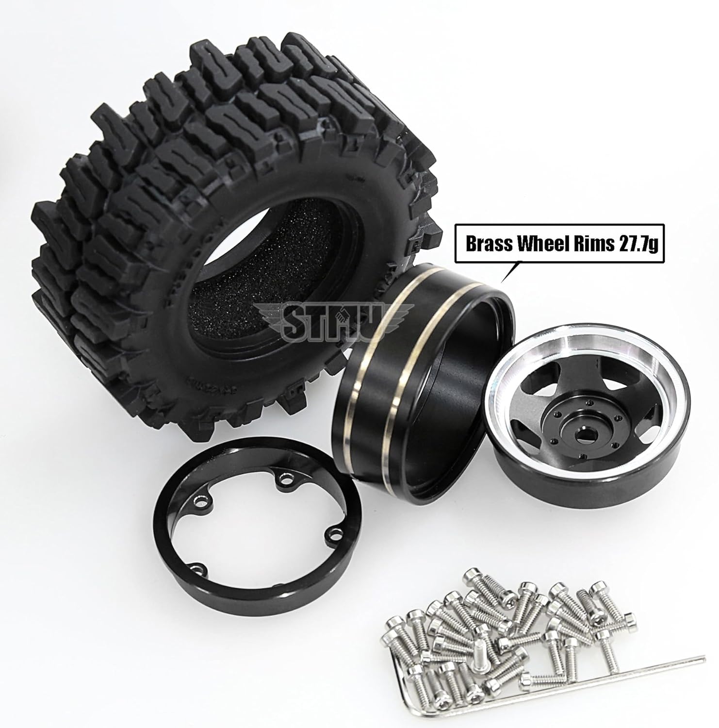 STMU 1.3in Wheel Tires Set Swamp Claw Mud Terrain Tires 64 * 26mm for 1/18 1/24 Trx4m SCX24 RC Crawler Car (Black)