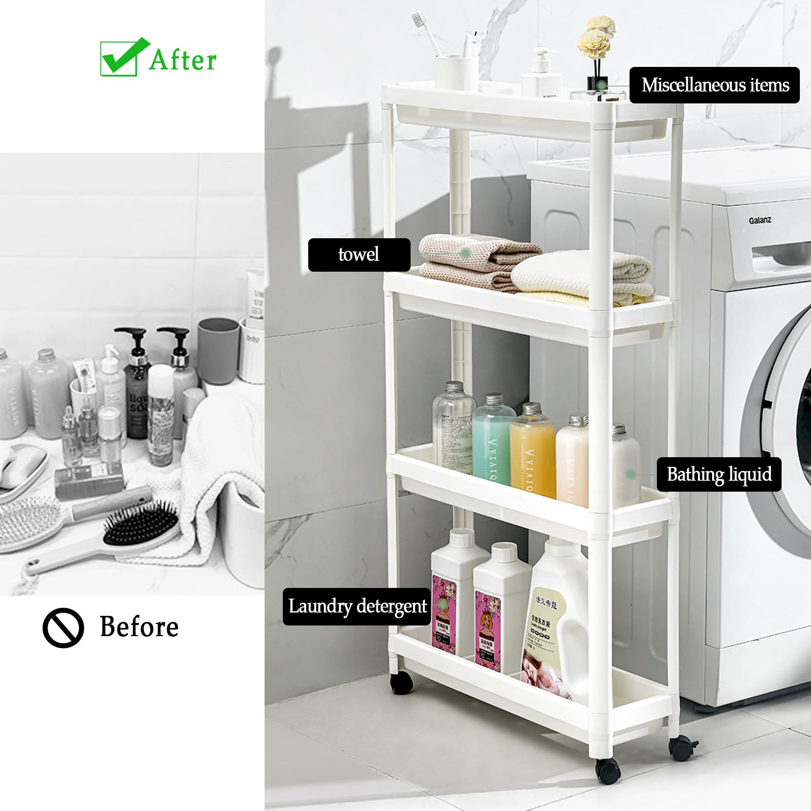 Scaffale sottile da bagno con ruote, multifunzione, salvaspazio, per cucina e sotto le scale